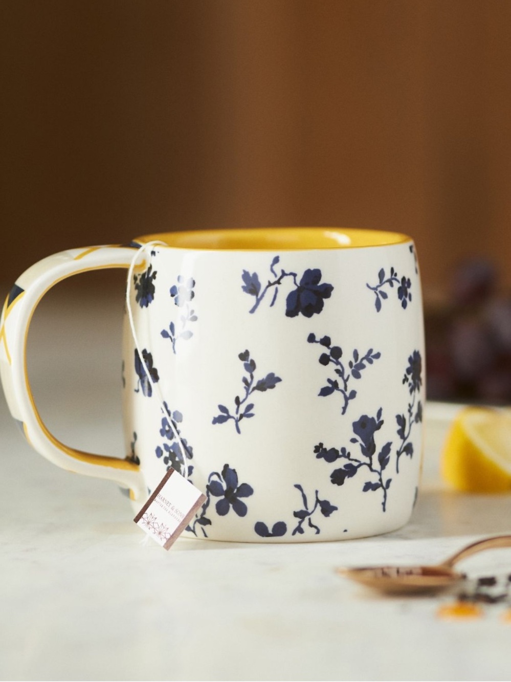Anthropologie Loren mug -Navy, Yellow and White Floral neutral Accent Mug